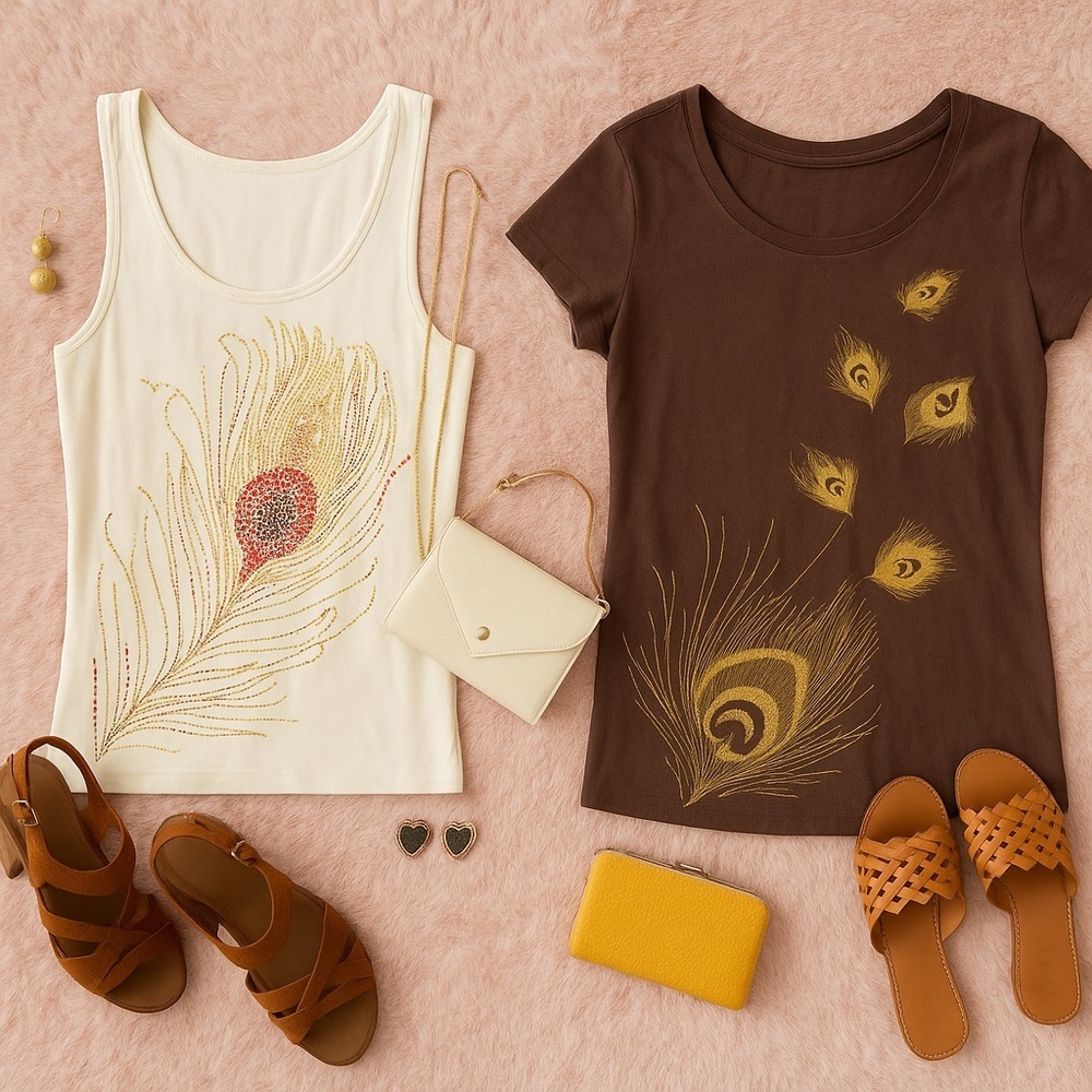 Cacique Rhinestone Peacock Feather Tank Top | Cream Sparkly Summer Layering - Picture 4 of 4